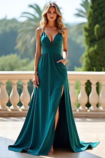 Vert paon Une ligne longue robe de bal avec fente